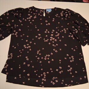 CeCe Floral Puff Sleeve Blouse Black Tie Sleeve Women Large